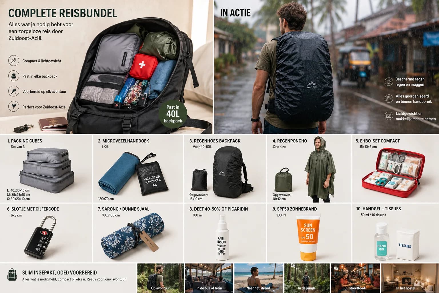Alle onderdelen van een travelkit overzichtelijk uitgestald