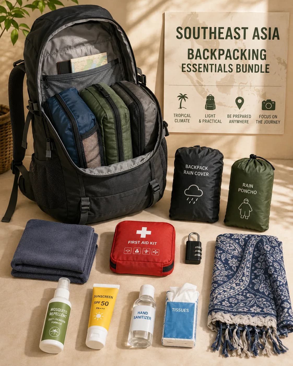 Backpack en reisuitrusting overzichtelijk uitgestald
